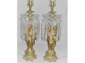 Stunning Pair Antique Gilt Spelter Prism Goddess Lamps