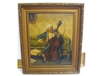 Antique Signed Genre Oil Painting Man Playing Cello