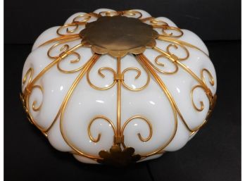 Unique Vintage Milk Glass Shade Or Fixture With Raised Gold Motif