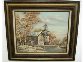 Vintage Water Wheel Old Mill Oil Painting Signed Caufield