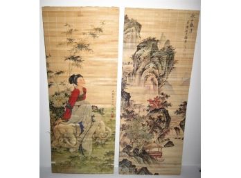 Pair Of Mounted Japanese Paintings On Rice Paper