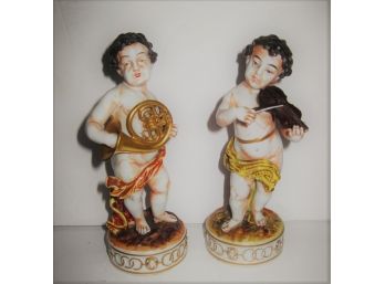 Pair Vintage Capodimonte  Porcelain Cherub Musicians