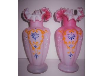 Stunning Pair Victorian Pink Satin Glass Ruffled Top 10' Vases With Enamel Decoration