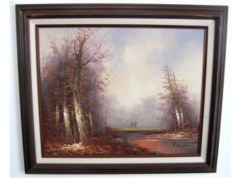 Vintage Autumn Landscape With Deer Oil On Canvas Painting Signed F Thompson