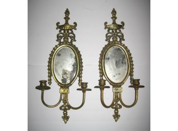 Pair Antique Neoclassical Double Candle Mirrored Wall Sconces