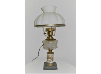 EAPG Etched Victorian  Elctrified Lamp With Painted Winter Scene Pedestal & Raised Milk Glass Shade