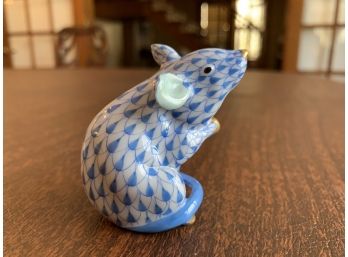 Herend Blue Mouse With Green Ears Figurine