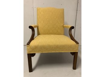 Beautiful Gold/Yellow Occasional Chair With Shaped Top  And Carved Woodworking