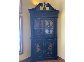 Impressive Hand Painted Black Corner Armoire, Statement Piece With Asian Influence, Very Well Made