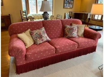 Subtle Red Couch With Gold Floral Stitching, Exceptional Bones