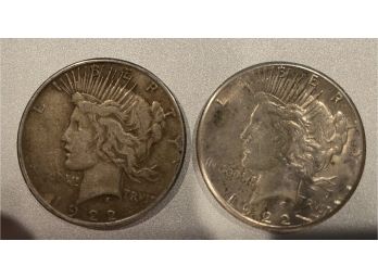 Two 1922 D Peace Silver Dollars