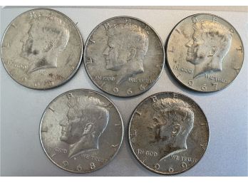 Five United States Half Dollars 1965 1966 1967 (no Mint) 1968D 1969D