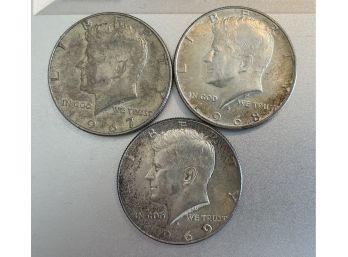 Three Kennedy Half Dollars 1967 (no Mint) 1968D 1969D  (Lot B)