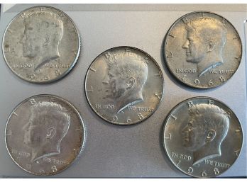 Five Kennedy Half Dollars 1968D