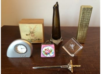 A True Auction Lot: Hand Blown Glass Art Vase, Swiss Music Box, Sword Letter Opener, Quartz Clock, Cherub Cube