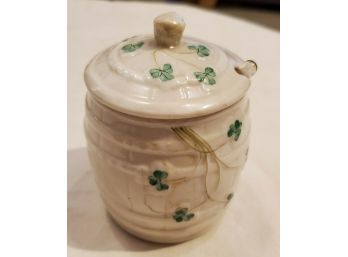 Lustre Irish Belleek Shamrock Barrel Mustard Jar With Spoon 1st Green Mark 1946-55