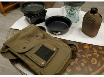 Vintage US Army Green Canvas Knapsack -Mess Kit-2 Pans, Metal Stove, Canteen With Cover. Adjustable Strap