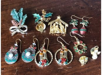 Lot Of Winter Holiday Jewelry: Cherub Pendant, Wreath Earrings, Nativity North Star Pin, Candles, Etc!!!