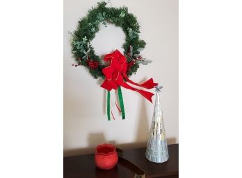 Holiday Lot - Artificial Christmas Wreath & Red Ribbon And A Tall Mirror- Glass Mirror Christmas Tree & Star