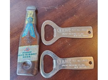 Vintage Breweriana Advertising Metal Beer Openers - 2 CREMO Ale & Lager, New Britain, Conn & Pabst Blue Ribbon