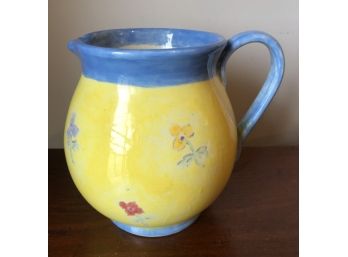 Lovely Yellow & Lite Blue With Pretty Flowers Pottery Milk / Ice Tea / Lemonade Handled Pitcher