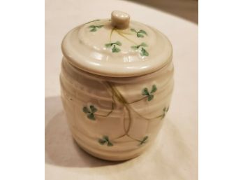 Lustre Irish Belleek Shamrock Barrel Mustard/ Jelly Jar 3rd Green Mark 1965-1980