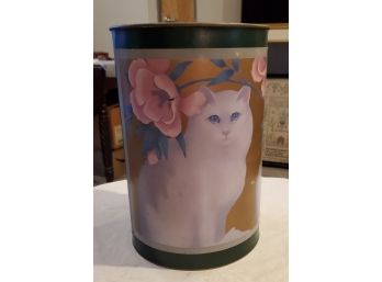 Metal Paper Basket With A Pretty Blue-eyed Cat And Pink Flowers