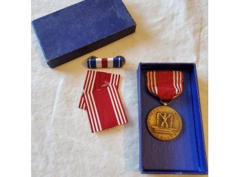 Vintage Military Medal With Ribbons In Original Blue Issue Box - For Good Conduct Bronze & Ribbon Pin