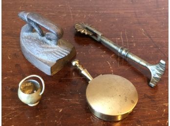 Vintage Brass & Cast Iron Miniatures: An Ashtray, A SWAN -form Hand Iron, A Handled Kettle, & A Pasta Maker