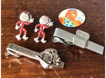 Vintage Jewelry: Table Saw & Accordion Tie Clips,  TV Circus Advert Pin. Vintage Reddy Kilowatt Earrings