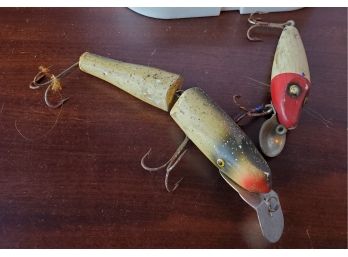 Two Vintage Wood Fishing Lures Each With Two Triple Hooks