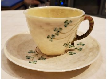 Lustre Irish Belleek Shamrock Basket Weave Twig-Handle Cup&Saucer 3rd Green Mark