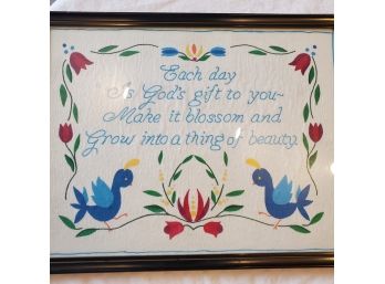 Vintage & Pretty Framed Saying Of The Day - Painted On Felt With Blue Birds & Red Flowers