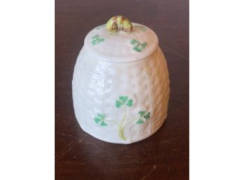 Vintage Belleek Beehive Basket Weave Honey Jar With Lid  Green Shamrocks  6th Overall Belleek Mark (1965-1980)