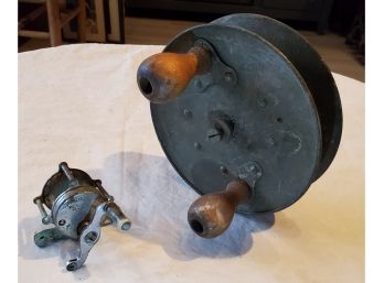 Two Antique Fishing Reels - Large Two Wood Handles Metal Reel And A Small Pennell Reel Co. Philadelphia