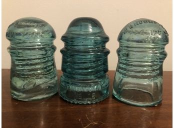 Three Antique Aqua Glass Electric Insulators: W Brookfield (2) & Hemingray (1). Circa 1880s