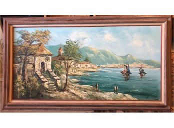 Vintage Hand Painted Canvas European Villa Seascape Ocean Painting 55 Inches By 31 Inches