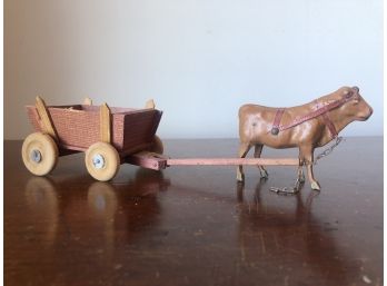 Lovey Vintage Wooden Ox Drawn Toy Cart - Circa 1960s