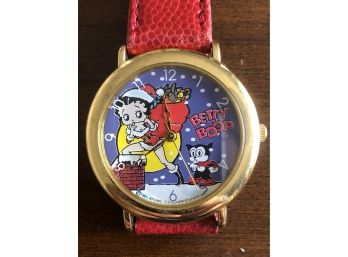 Vintage Betty Boop Watch With Genuine Red Leather Band Unused