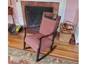 Unique Vintage Rocking Chair - Solid Walnut With Comfortable Thick Red Cushions - Upholstered Seat