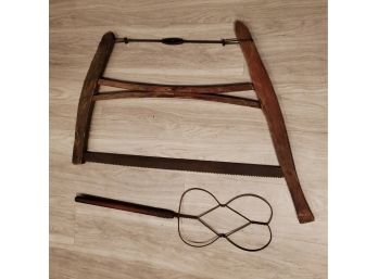 Two Primitive Tools For Around The Farm Or House - A Large Cross Cut Saw & A Metal With Wood Handle Rug Beater