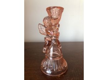 Pink Vintage Pressed Glass Angel Cherub Taper Single Candlestick Holder