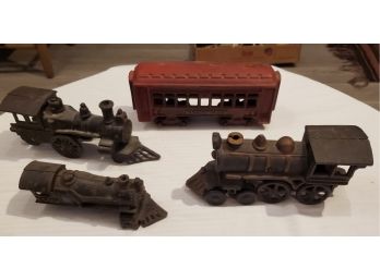 Lot Of Four Cast Iron Train Engines (3) & Train Passenger Car (1)