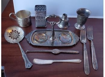 Assorted Vintage Silver Plate Items: Pierced Caddy, A1 Sauce Holder Spoon, Footed Urn,keen Kutter Forks,mug