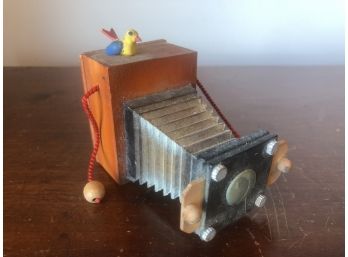 Vintage Toy Wooden Accordion Style Camera With Music Box And Cute Little Accent Bird