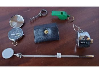 Useful Treasure Lot: Compass, Extending Inspection Mirror,gillette Travel Shaver Kit, Hand Counter,GS Whistle