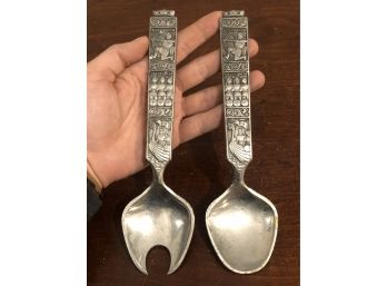 Vintage Konge Tinn Norway Pewter VIKINGS Salad Serving Set Fork & Spoon - Collectible Heilag Olav Hardanger