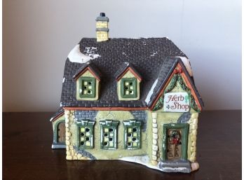 Lovely Porcelain Christmas Village Herb Shop Snow Capped Village Town Winter Home