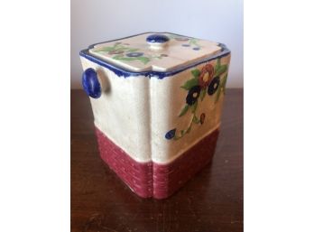 Vintage Lovely Hand Crafted Potter Jar With Lid: Wicker Style And Floral Design