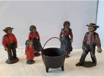 Antique Americana Toy Cast Iron Amish Attire Pioneer Farm Families & Cauldron - Kettle All With Original Paint